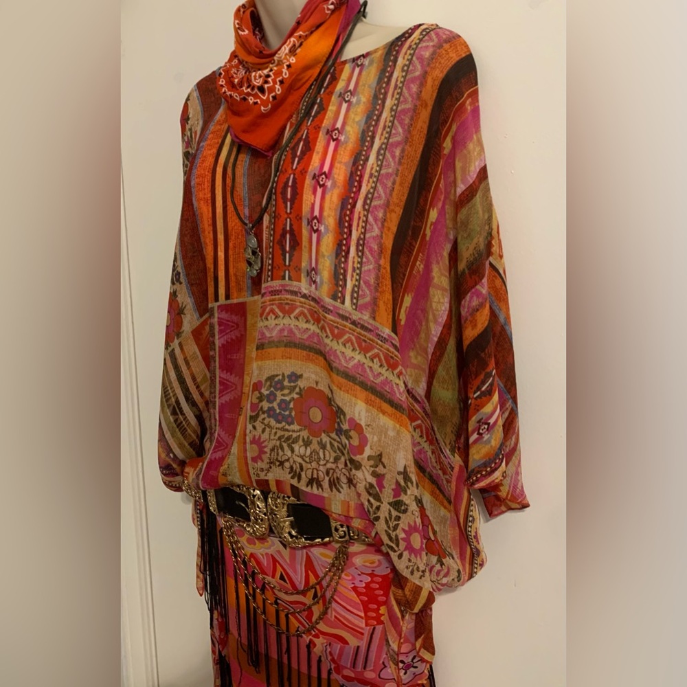 Silk patchwork loose fit boho top short sleeve side ties red pink brown gold L